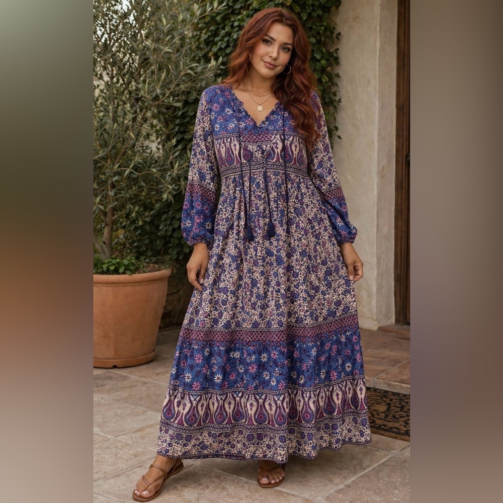 R. Vivimos Boho Floral Print Blue & Cream Long-Sleeve Women’s Dress
